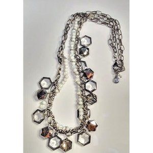 SIMPLY VERA WANG CLEAR CRYSTAL WHITE BEADED GUNMETAL SILVER TONE CHAIN NECKLACE